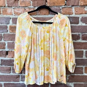 Adrienne Vittadini Boho Top Size 2X Yellow Orange Floral Eyelet Lace Trim EUC